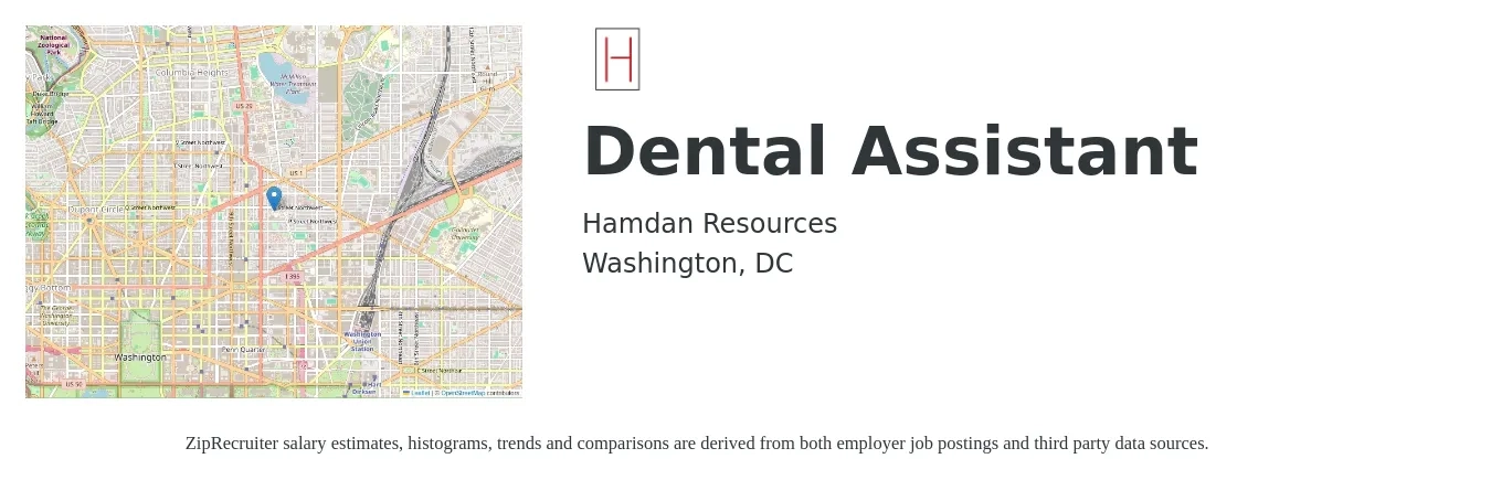 Hamdan Resources job posting for a Dental Assistant in Washington, DC with a salary of $20 to $26 Hourly with a map of Washington location.