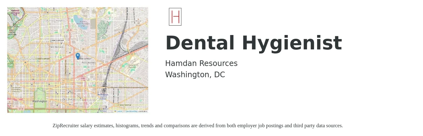 Hamdan Resources job posting for a Dental Hygienist in Washington, DC with a salary of $43 to $56 Hourly with a map of Washington location.