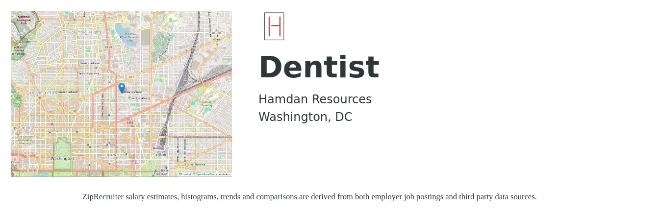 Hamdan Resources job posting for a Dentist in Washington, DC with a salary of $147,800 to $266,300 Yearly with a map of Washington location.