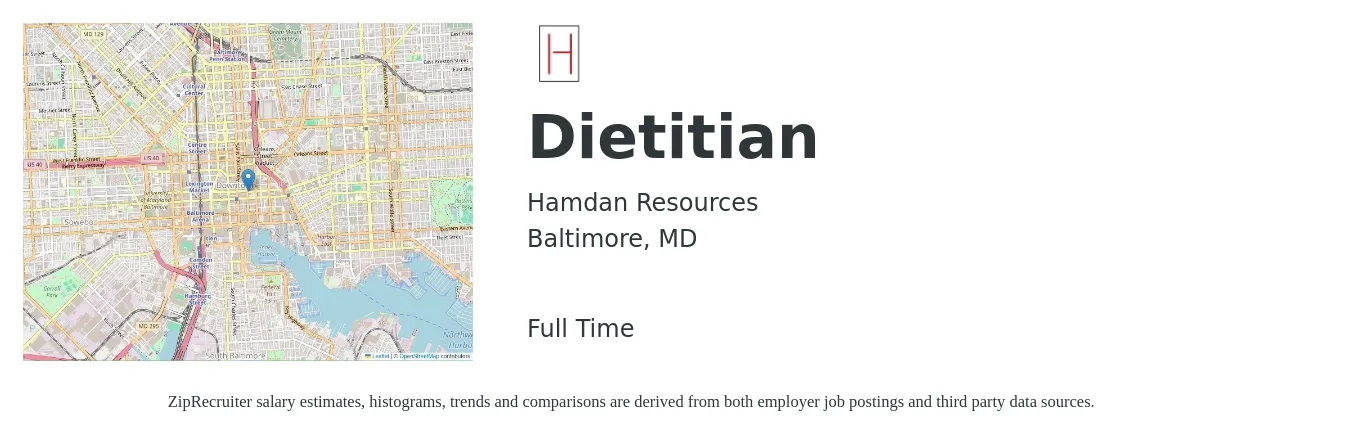 Hamdan Resources job posting for a Dietitian in Baltimore, MD with a salary of $60,100 to $87,900 Yearly with a map of Baltimore location.