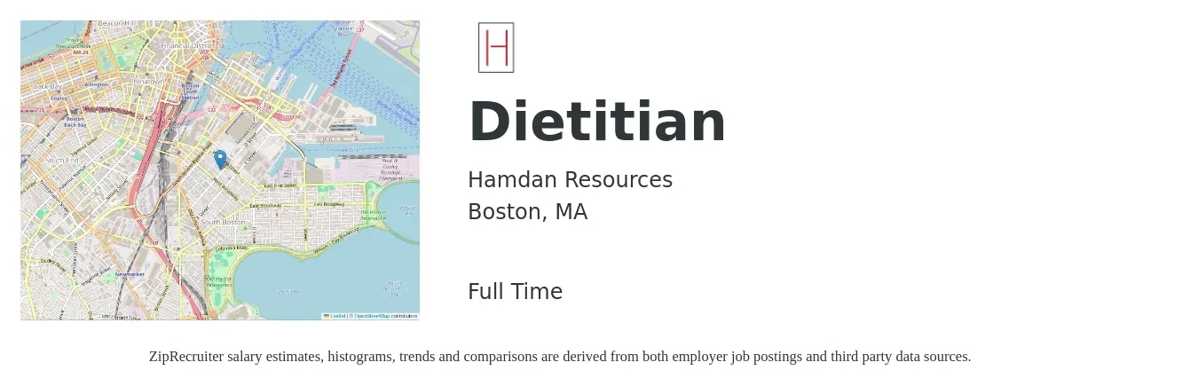 Hamdan Resources job posting for a Dietitian in Boston, MA with a salary of $65,700 to $96,100 Yearly with a map of Boston location.