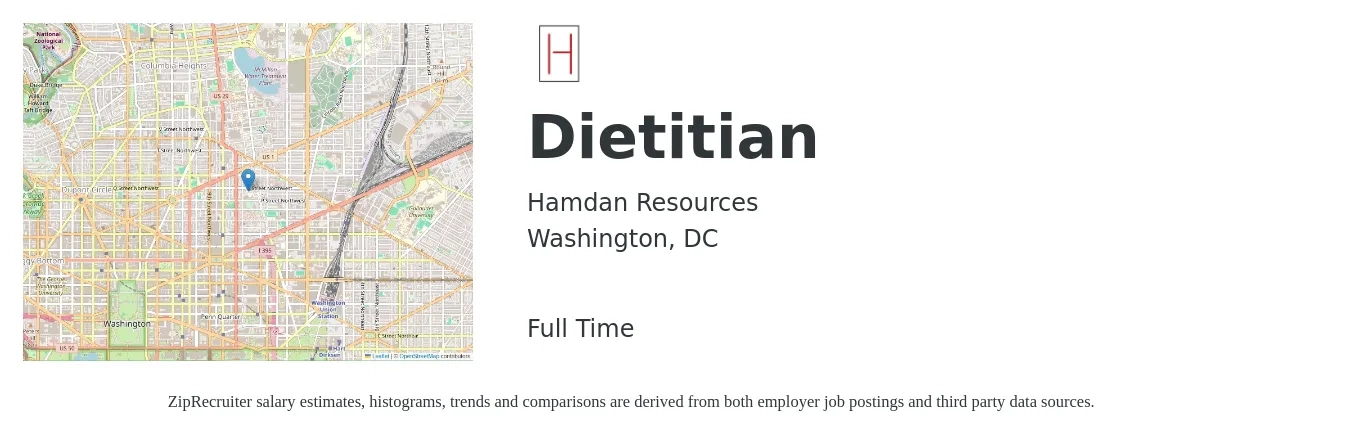 Hamdan Resources job posting for a Dietitian in Washington, DC with a salary of $68,300 to $99,900 Yearly with a map of Washington location.