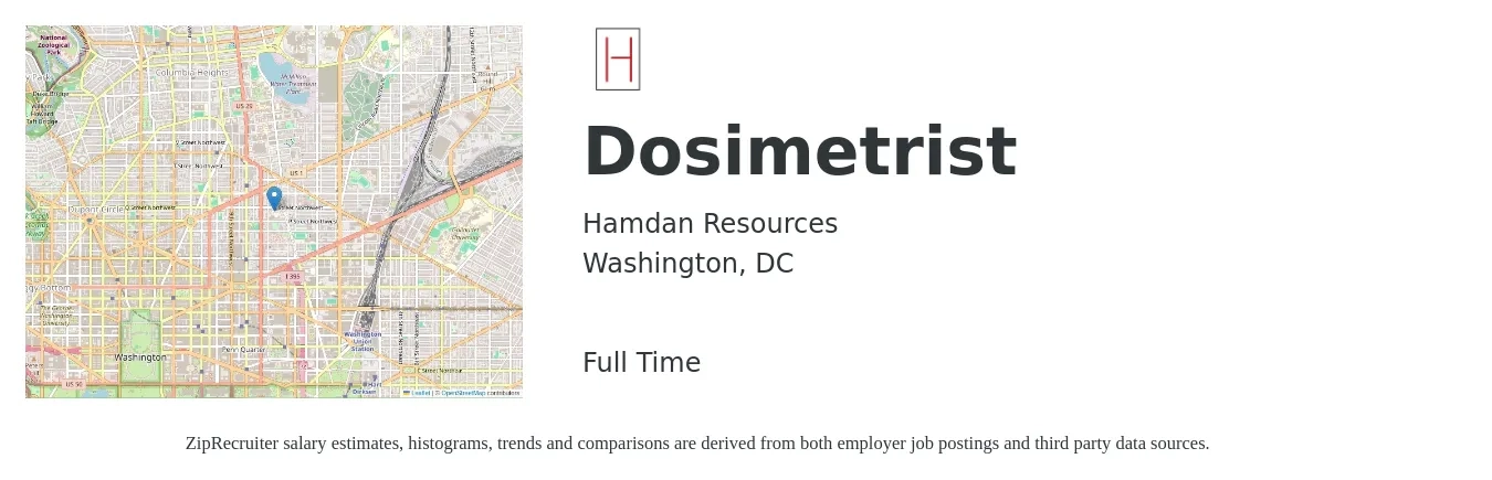 Hamdan Resources job posting for a Dosimetrist in Washington, DC with a salary of $56 to $88 Hourly with a map of Washington location.