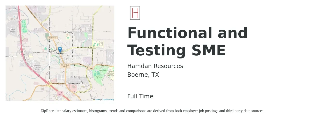 Hamdan Resources job posting for a Functional and Testing SME in Boerne, TX with a salary of $31 to $62 Hourly with a map of Boerne location.