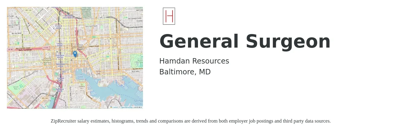 Hamdan Resources job posting for a General Surgeon in Baltimore, MD with a salary of $248,400 to $298,100 Yearly with a map of Baltimore location.