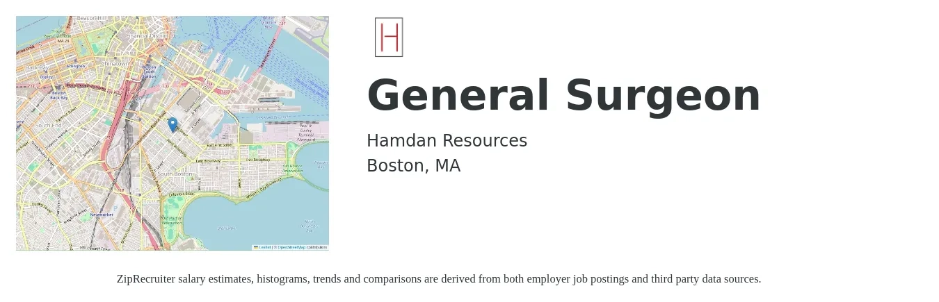 Hamdan Resources job posting for a General Surgeon in Boston, MA with a salary of $271,600 to $325,900 Yearly with a map of Boston location.