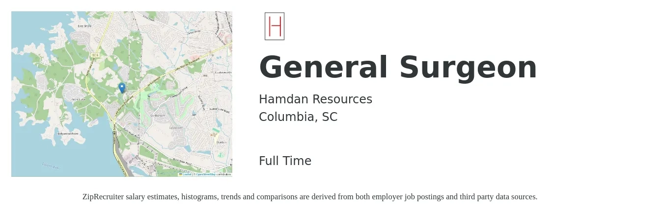 Hamdan Resources job posting for a General Surgeon in Columbia, SC with a salary of $231,300 to $277,500 Yearly with a map of Columbia location.