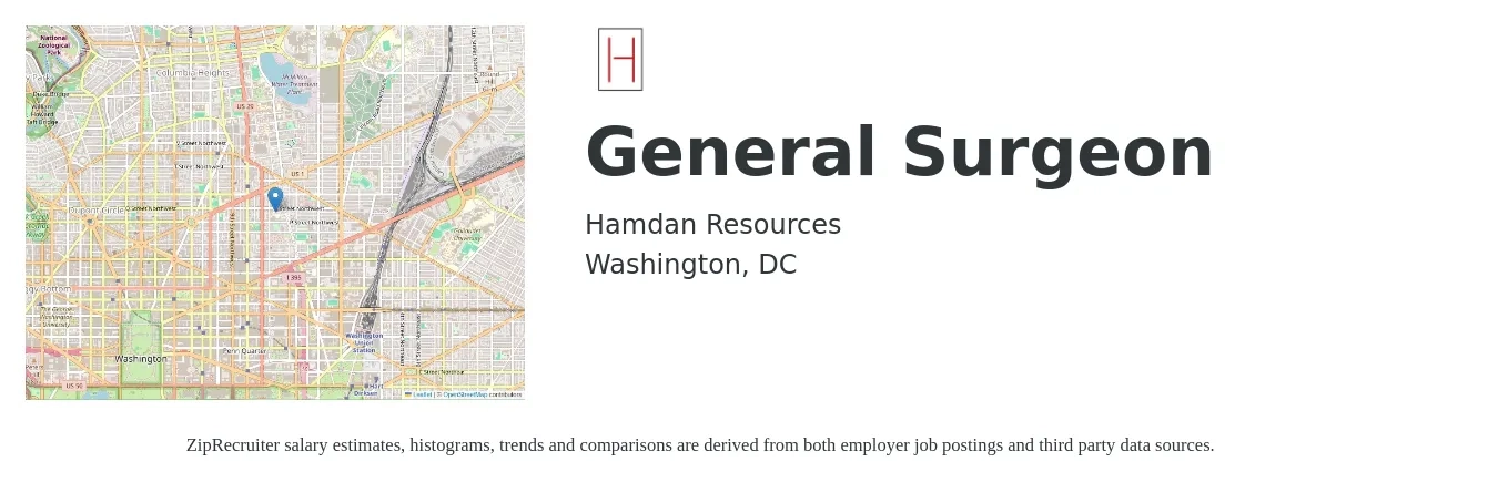 Hamdan Resources job posting for a General Surgeon in Washington, DC with a salary of $282,100 to $338,500 Yearly with a map of Washington location.