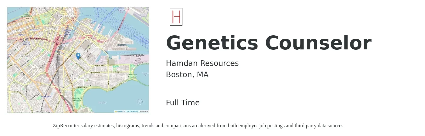 Hamdan Resources job posting for a Genetics Counselor in Boston, MA with a salary of $68,400 to $103,200 Yearly with a map of Boston location.