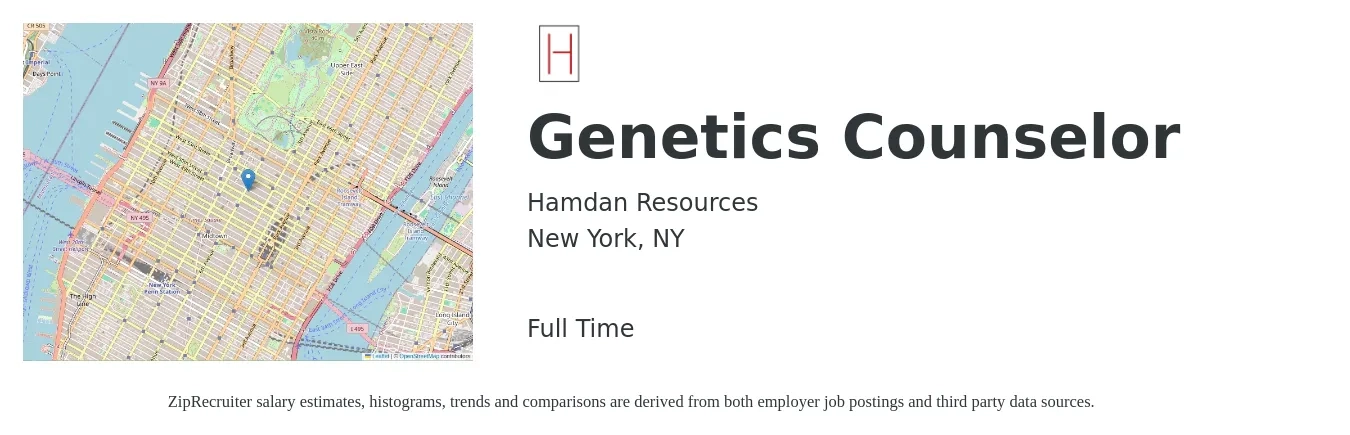 Hamdan Resources job posting for a Genetics Counselor in New York, NY with a salary of $69,400 to $104,600 Yearly with a map of New York location.