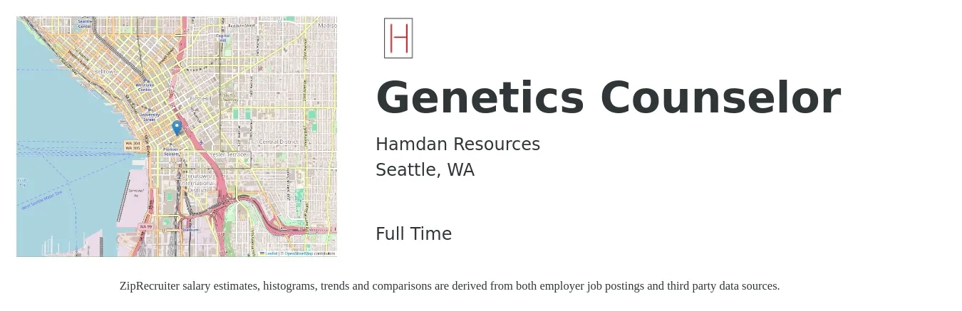 Hamdan Resources job posting for a Genetics Counselor in Seattle, WA with a salary of $71,700 to $108,100 Yearly with a map of Seattle location.