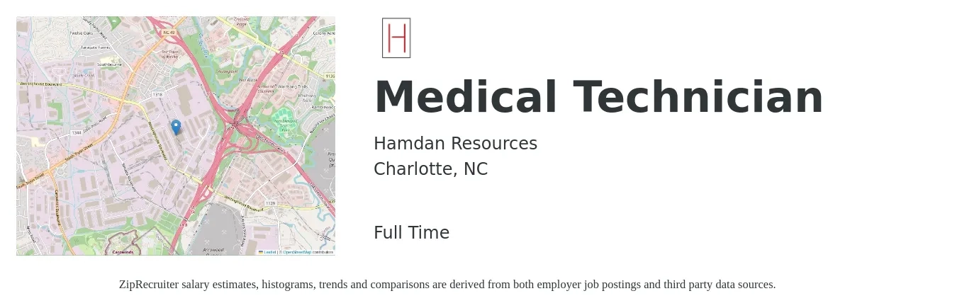 Hamdan Resources job posting for a Medical Technician in Charlotte, NC with a salary of $37,500 to $47,300 Yearly with a map of Charlotte location.