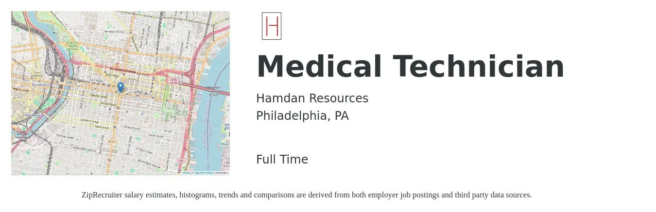 Hamdan Resources job posting for a Medical Technician in Philadelphia, PA with a salary of $38,800 to $48,900 Yearly with a map of Philadelphia location.