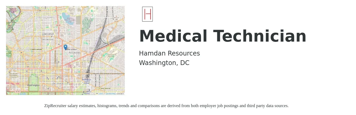 Hamdan Resources job posting for a Medical Technician in Washington, DC with a salary of $43,400 to $54,700 Yearly with a map of Washington location.