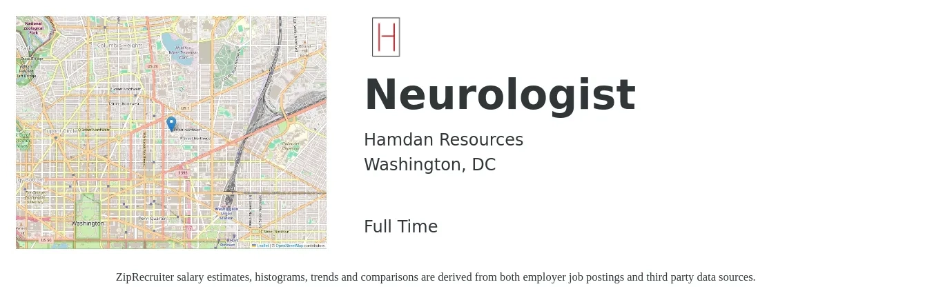 Hamdan Resources job posting for a Neurologist in Washington, DC with a salary of $361,600 to $451,300 Yearly with a map of Washington location.