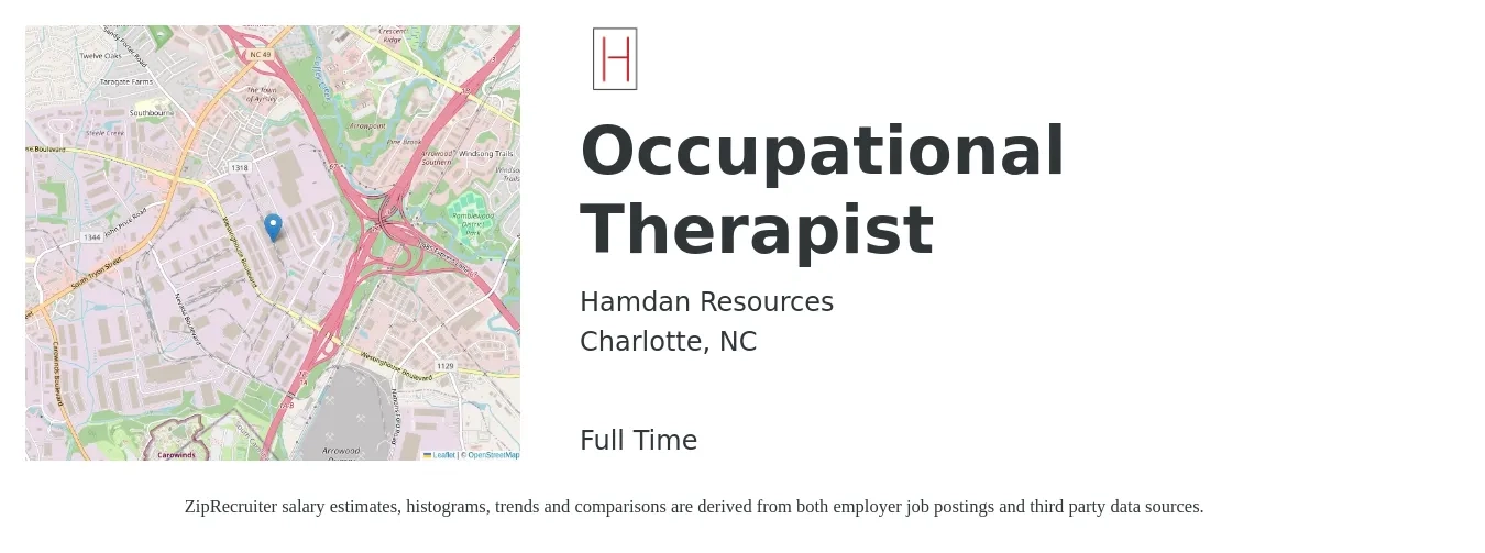 Hamdan Resources job posting for a Occupational Therapist in Charlotte, NC with a salary of $40 to $52 Hourly with a map of Charlotte location.