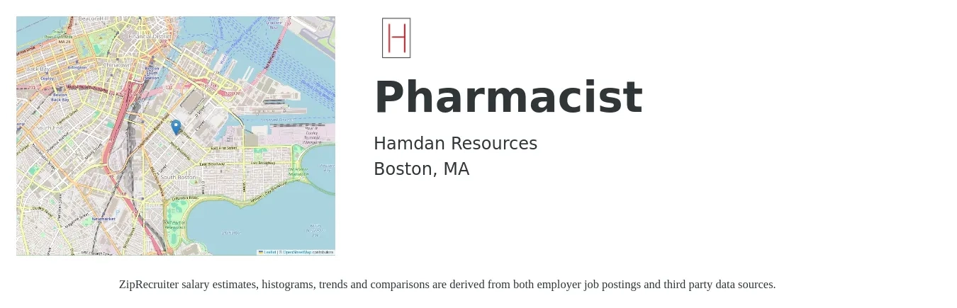 Hamdan Resources job posting for a Pharmacist in Boston, MA with a salary of $63 to $76 Hourly with a map of Boston location.