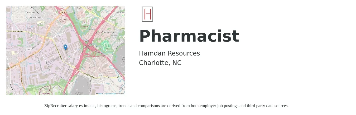 Hamdan Resources job posting for a Pharmacist in Charlotte, NC with a salary of $58 to $69 Hourly with a map of Charlotte location.