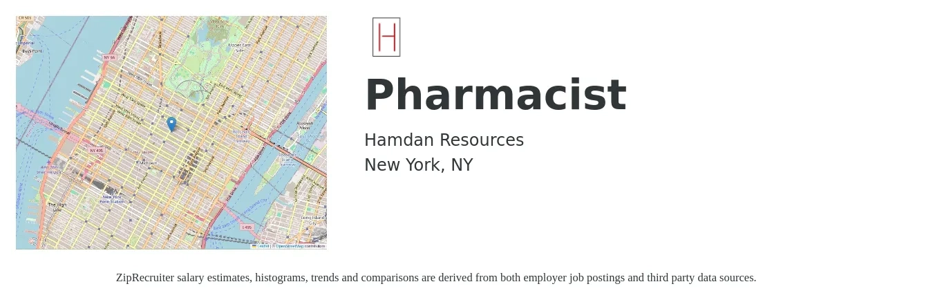 Hamdan Resources job posting for a Pharmacist in New York, NY with a salary of $64 to $77 Hourly with a map of New York location.