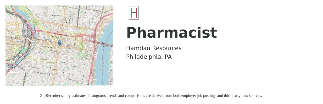 Hamdan Resources job posting for a Pharmacist in Philadelphia, PA with a salary of $56 to $67 Hourly with a map of Philadelphia location.