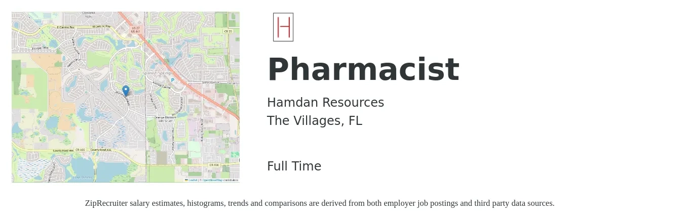 Hamdan Resources job posting for a Pharmacist in The Villages, FL with a salary of $50 to $60 Hourly with a map of The Villages location.