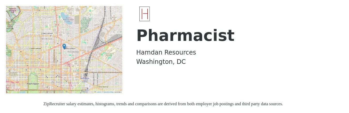 Hamdan Resources job posting for a Pharmacist in Washington, DC with a salary of $66 to $79 Hourly with a map of Washington location.