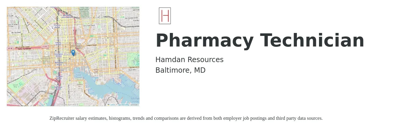 Hamdan Resources job posting for a Pharmacy Technician in Baltimore, MD with a salary of $18 to $21 Hourly with a map of Baltimore location.