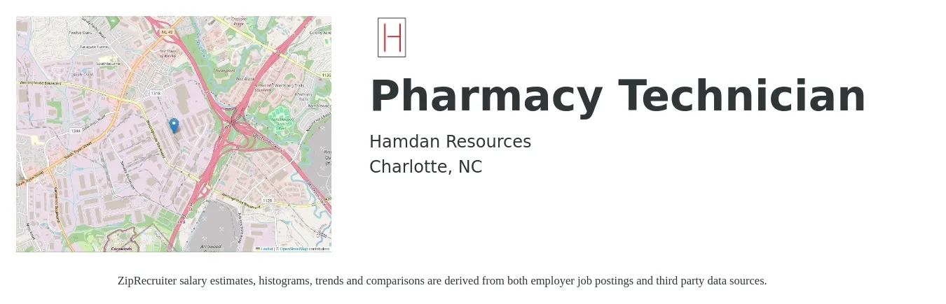Hamdan Resources job posting for a Pharmacy Technician in Charlotte, NC with a salary of $17 to $21 Hourly with a map of Charlotte location.