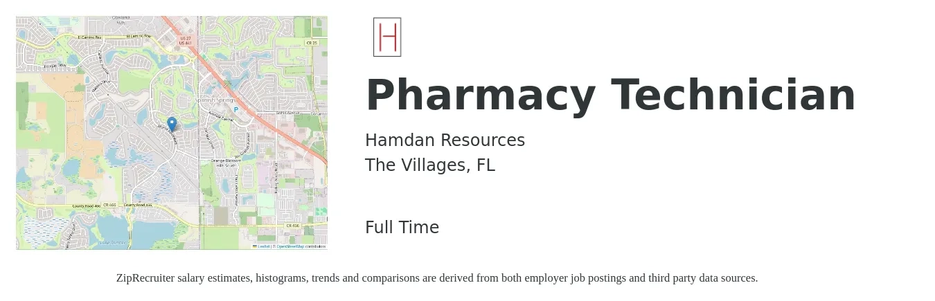 Hamdan Resources job posting for a Pharmacy Technician in The Villages, FL with a salary of $15 to $18 Hourly with a map of The Villages location.