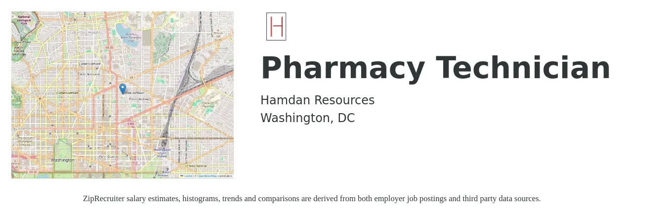 Hamdan Resources job posting for a Pharmacy Technician in Washington, DC with a salary of $20 to $24 Hourly with a map of Washington location.
