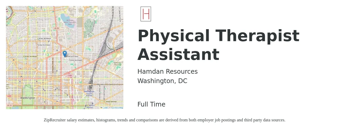 Hamdan Resources job posting for a Physical Therapist Assistant in Washington, DC with a salary of $32 to $42 Hourly with a map of Washington location.