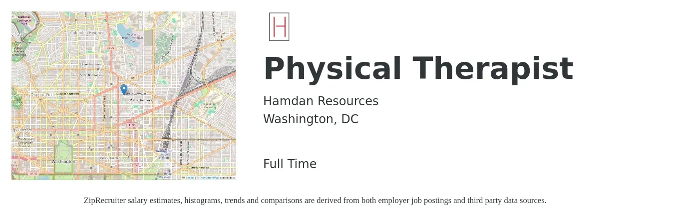 Hamdan Resources job posting for a Physical Therapist in Washington, DC with a salary of $1,870 to $2,430 Weekly with a map of Washington location.