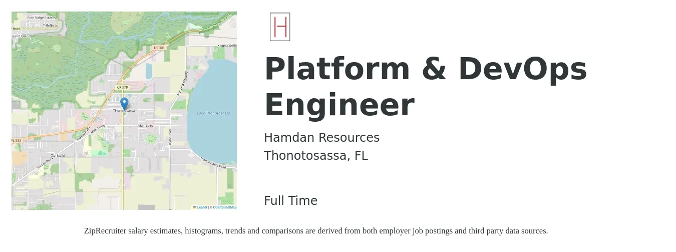 Hamdan Resources job posting for a Platform & DevOps Engineer in Thonotosassa, FL with a salary of $48 to $65 Hourly with a map of Thonotosassa location.