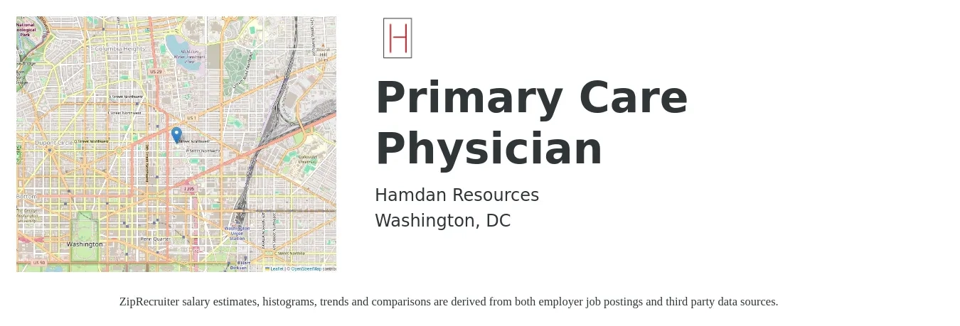 Hamdan Resources job posting for a Primary Care Physician in Washington, DC with a salary of $214,400 to $275,900 Yearly with a map of Washington location.