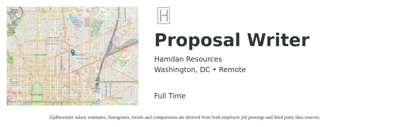 Hamdan Resources job posting for a Proposal Writer in Washington, DC with a salary of $71,600 to $102,100 Yearly with a map of Washington location.