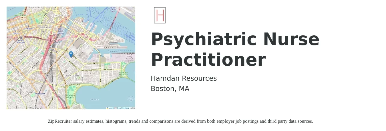 Hamdan Resources job posting for a Psychiatric Nurse Practitioner in Boston, MA with a salary of $130,900 to $167,300 Yearly with a map of Boston location.
