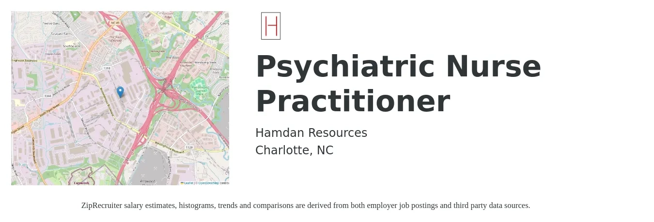 Hamdan Resources job posting for a Psychiatric Nurse Practitioner in Charlotte, NC with a salary of $118,900 to $151,900 Yearly with a map of Charlotte location.