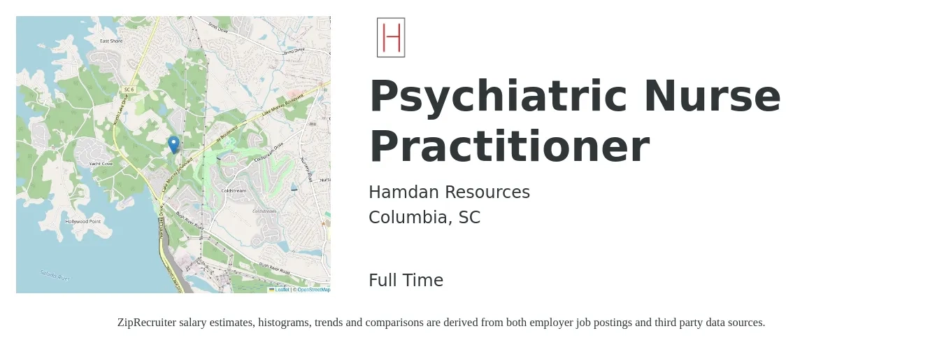 Hamdan Resources job posting for a Psychiatric Nurse Practitioner in Columbia, SC with a salary of $111,500 to $142,500 Yearly with a map of Columbia location.