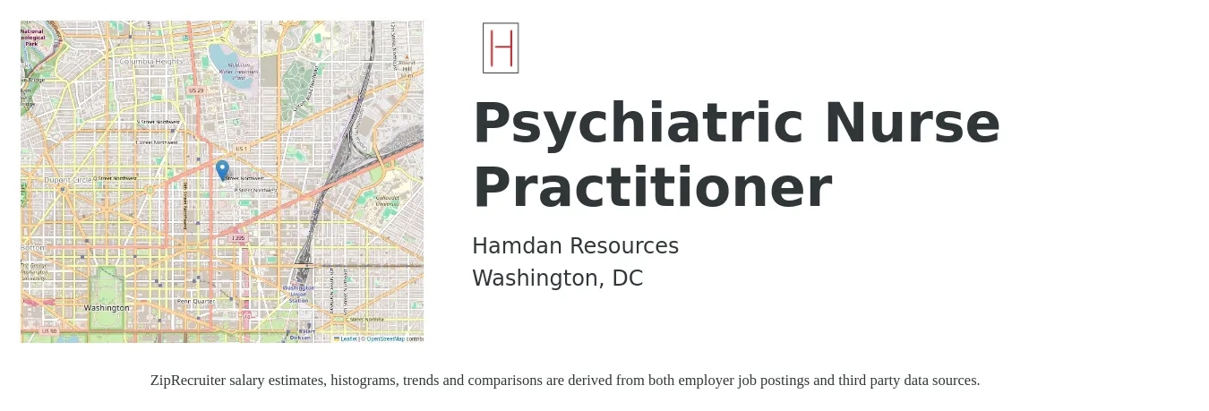 Hamdan Resources job posting for a Psychiatric Nurse Practitioner in Washington, DC with a salary of $136,000 to $173,800 Yearly with a map of Washington location.