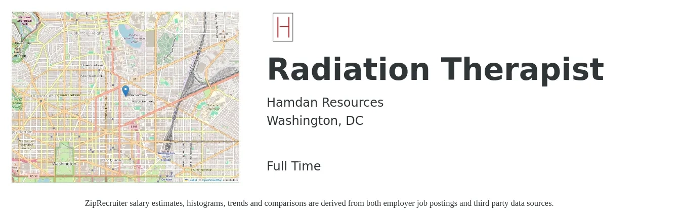 Hamdan Resources job posting for a Radiation Therapist in Washington, DC with a salary of $1,730 to $2,910 Weekly with a map of Washington location.