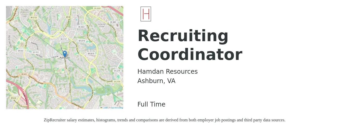 Hamdan Resources job posting for a Recruiting Coordinator in Ashburn, VA with a salary of $20 to $27 Hourly with a map of Ashburn location.