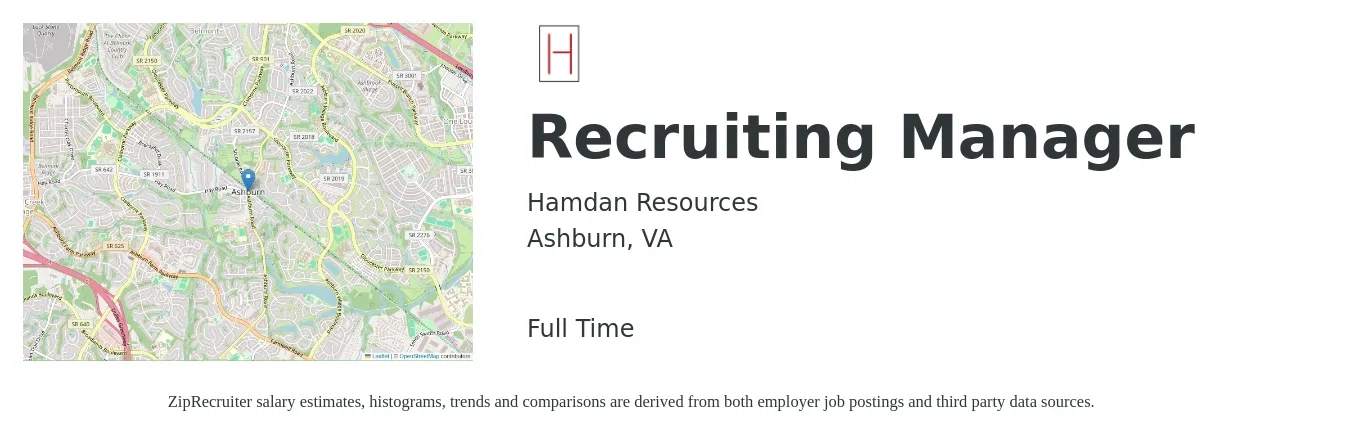 Hamdan Resources job posting for a Recruiting Manager in Ashburn, VA with a salary of $52,200 to $80,800 Yearly with a map of Ashburn location.
