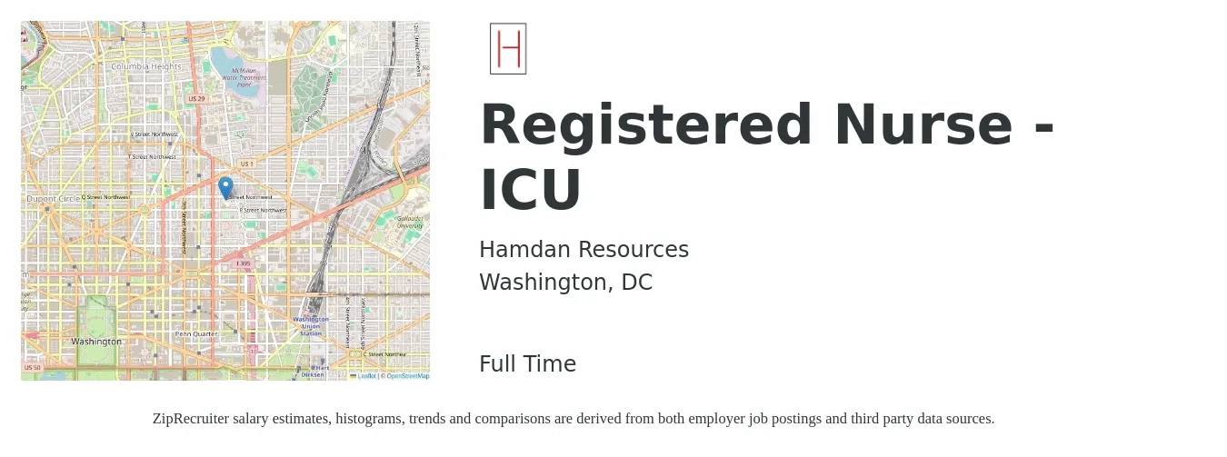 Hamdan Resources job posting for a Registered Nurse - ICU in Washington, DC with a salary of $2,210 to $3,110 Weekly with a map of Washington location.