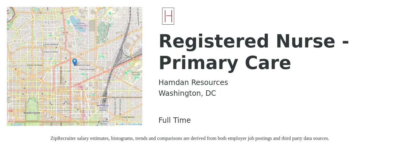 Hamdan Resources job posting for a Registered Nurse - Primary Care in Washington, DC with a salary of $40 to $61 Hourly with a map of Washington location.