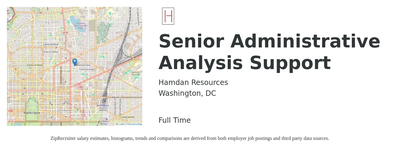 Hamdan Resources job posting for a Senior Administrative Analysis Support in Washington, DC with a salary of $25 to $37 Hourly with a map of Washington location.
