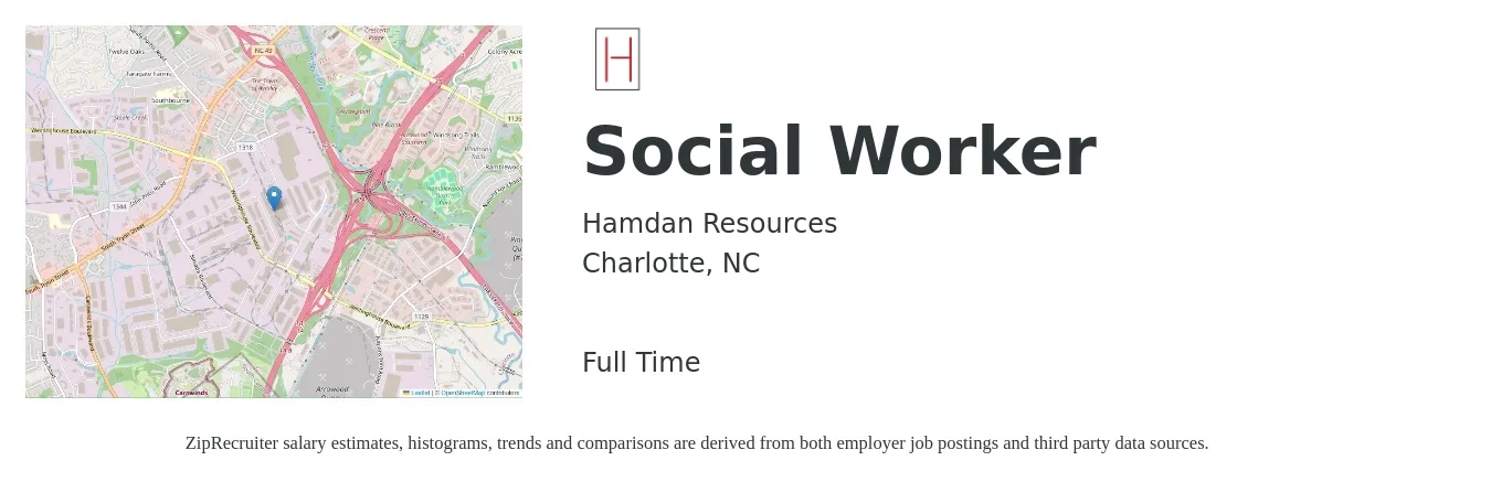 Hamdan Resources job posting for a Social Worker in Charlotte, NC with a salary of $58,200 to $90,300 Yearly with a map of Charlotte location.