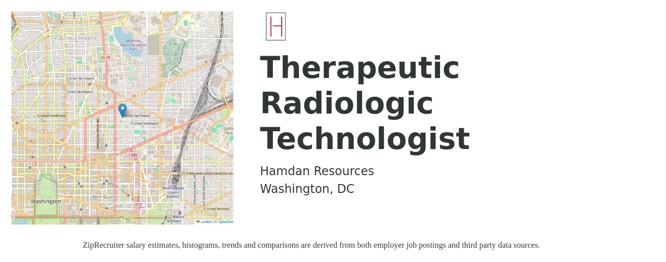 Hamdan Resources job posting for a Therapeutic Radiologic Technologist in Washington, DC with a salary of $1,350 to $2,810 Weekly with a map of Washington location.