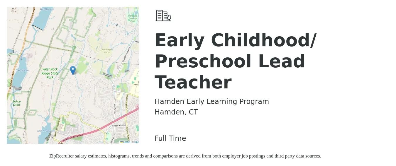 Hamden Early Learning Program job posting for a Early Childhood/ Preschool Lead Teacher in Hamden, CT with a salary of $16 to $20 Hourly with a map of Hamden location.