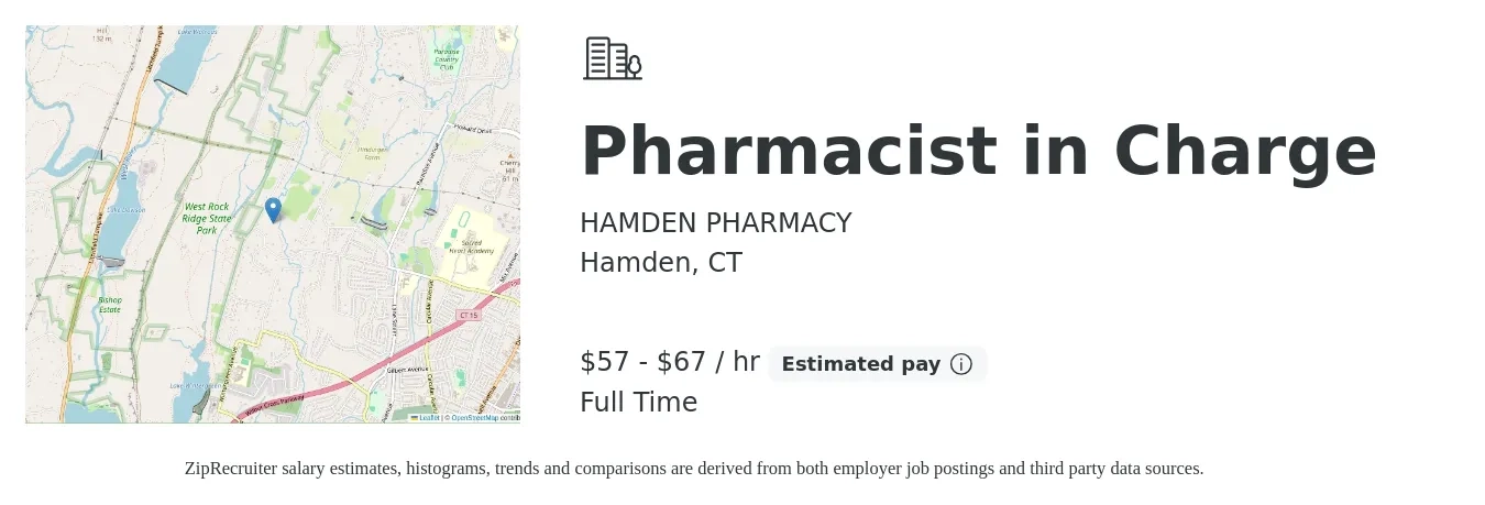 HAMDEN PHARMACY job posting for a Pharmacist in Charge in Hamden, CT with a salary of $60 to $70 Hourly (plus commission) with a map of Hamden location.