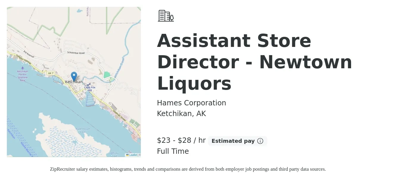 Hames Corporation job posting for a Assistant Store Director - Newtown Liquors in Ketchikan, AK with a salary of $24 to $30 Hourly with a map of Ketchikan location.